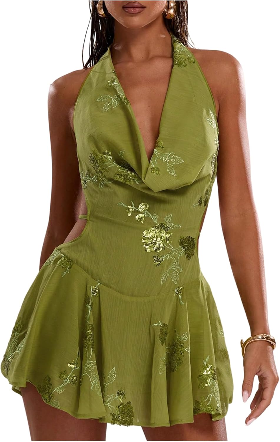 SweatyRocks Women's Open Back Going Out Halter Sequin Mini Dress Cowl Neck Glitter Sparkly Beaded Hot Dress