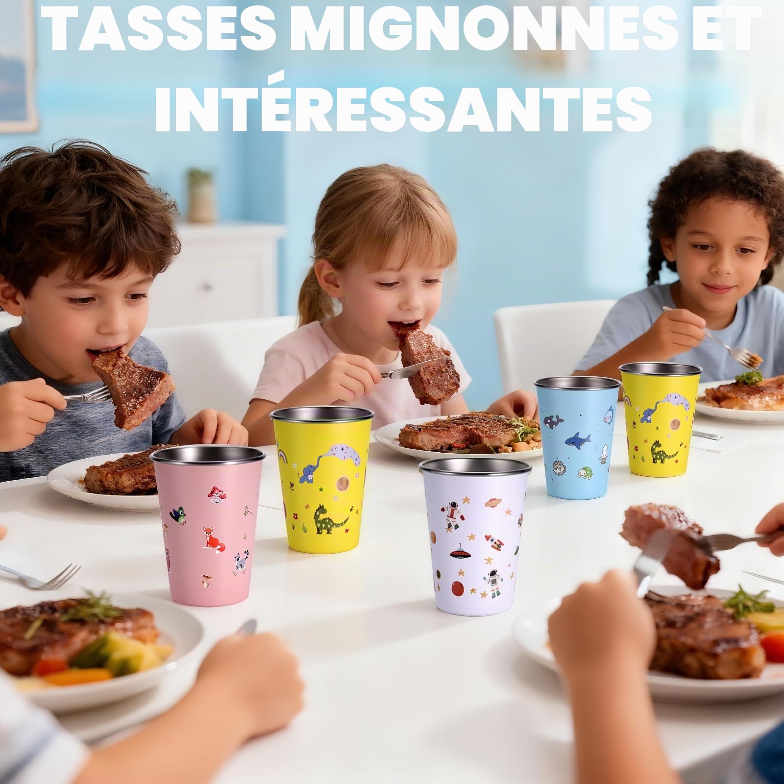 Hejo 4 Pièces Tasse Inox pour Enfant, 350ml Gobelets Réutilisables pour Filles et Garçons, Tasse Inox Incassable pour École, Maison, Plein Air