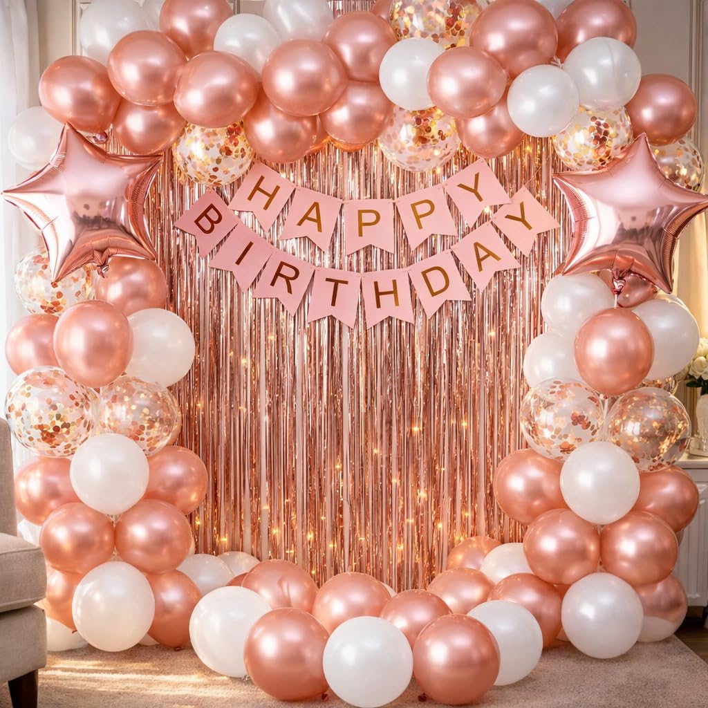 Rosegold Pink White Happy Birthday Decoration Combo Kit With Banner Balloons Foil Curtain Star Foil For Birthday Decoration Boys, Kids, Girl, Husband, Wife, Girl Friend, Adult, 48 Pieces