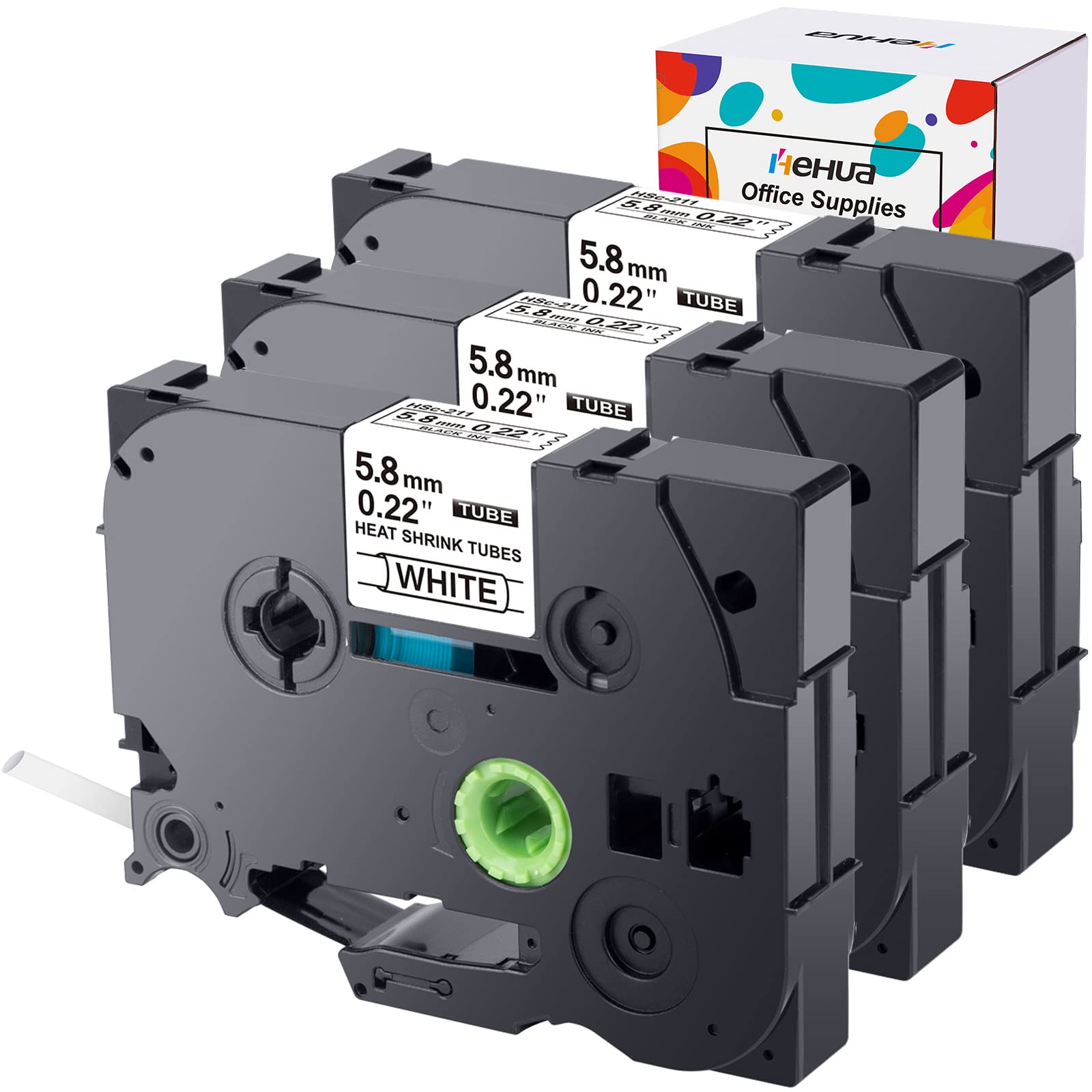 Hehua Compatible Heat Shrink Label Tape Replacement for Brother Tube Label HSe-211 HSe211 HS-211 HS211 Black on White Use in PT-E300 PT-E500 PT-P750WVP Printer (0.22''x 4.92ft, 5.8mm x 1.5m, 3 Pack)