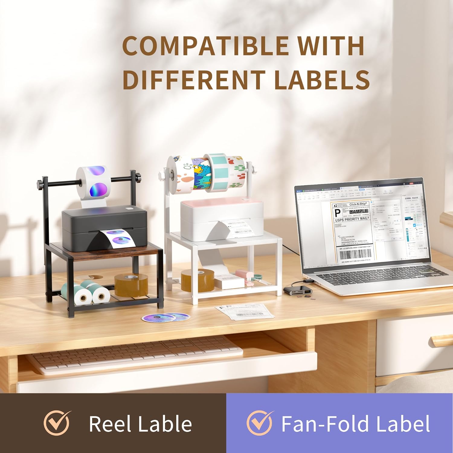 Label Holder for Rolls and Fan-Fold Labels, Sturdy Thermal Sticker Holder for Desktop Thermal Printer, Shipping Label Sticker Dispenser for Home, Office, and Small Businesses - Image 2