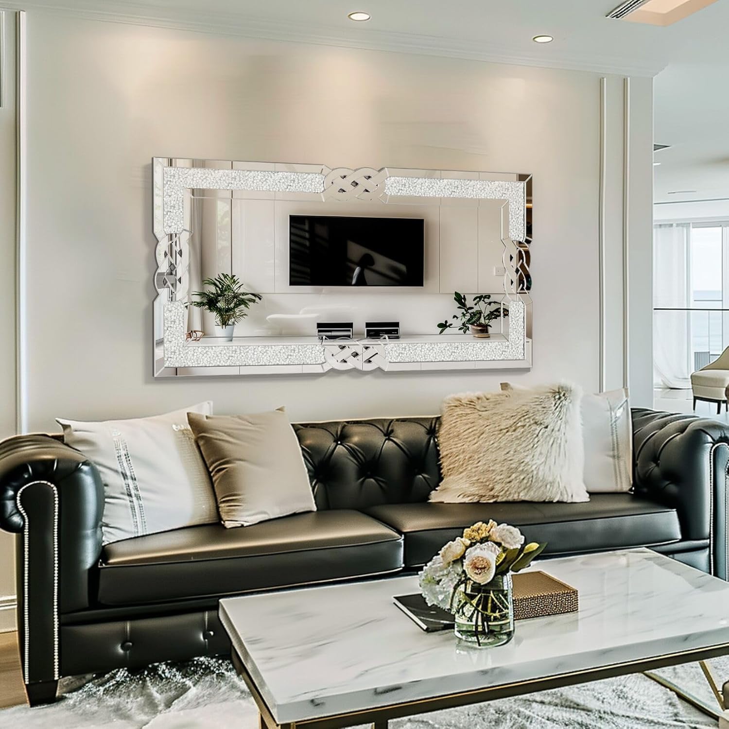 Crushed Diamond Mirror Silver Vanity Rectangular Wall Decor 48x24 inch