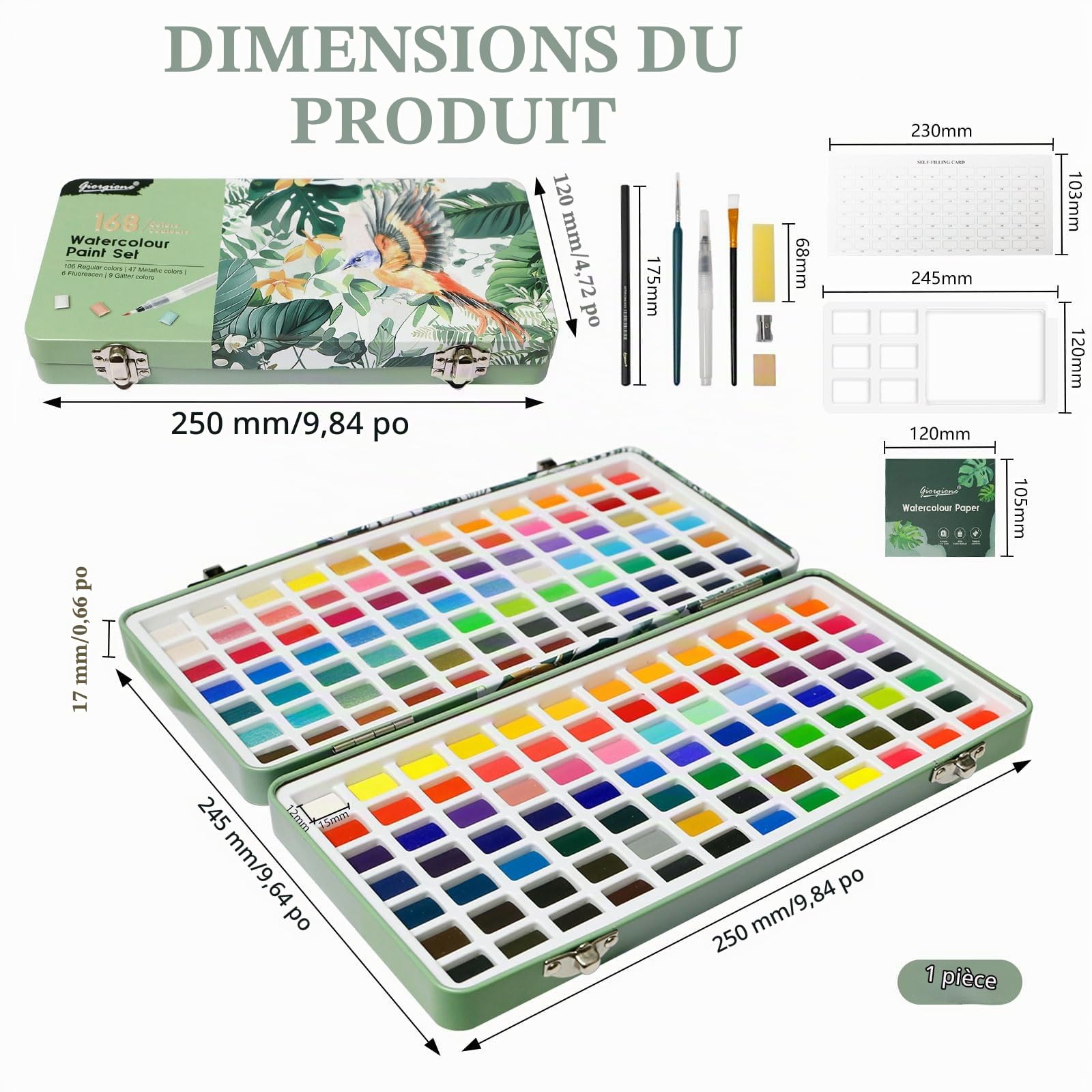Ensemble de Peinture Aquarelle 168 Couleurs, en Boîte Portable