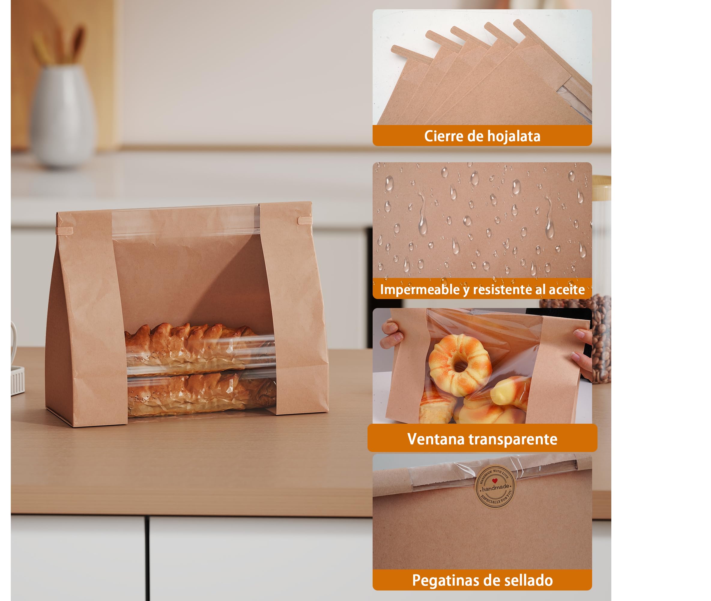 Lote de 100 Bolsas de Papel para Pan Casero, Bolsas de Panadería con Ventana Transparente, 26x11x26cm Bolsas Papel Kraft con Cierre de Alambre y Pegatinas para Tostadas, Galletas y Dulces | Bolsas de papel kraft plegables con ventana y pegatinas, 80 g/m²,