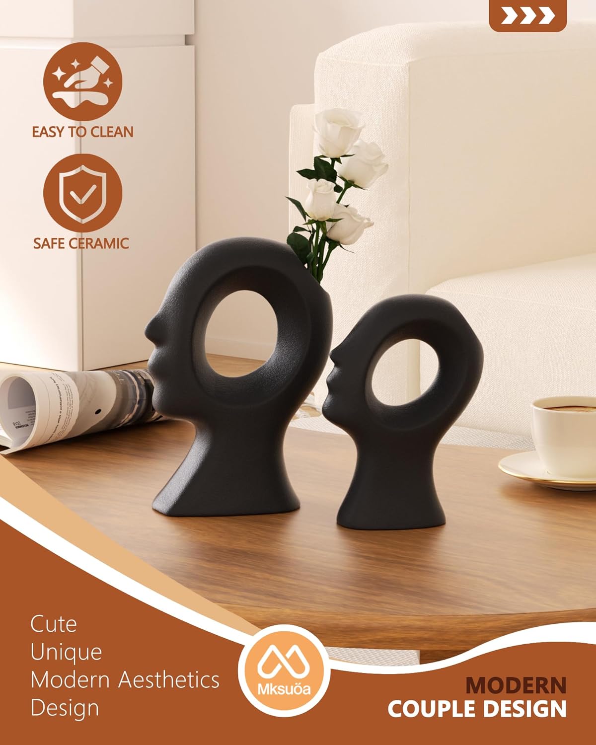 Couple Decorative Statues Set - Boho Style Modern Abstract Sculptures Home Decor, Ceramic Figurines for Living Room Coffee Table, Tv Stand, Mantles, Entryway, Console or Wedding Gifts (Black) - Image 4