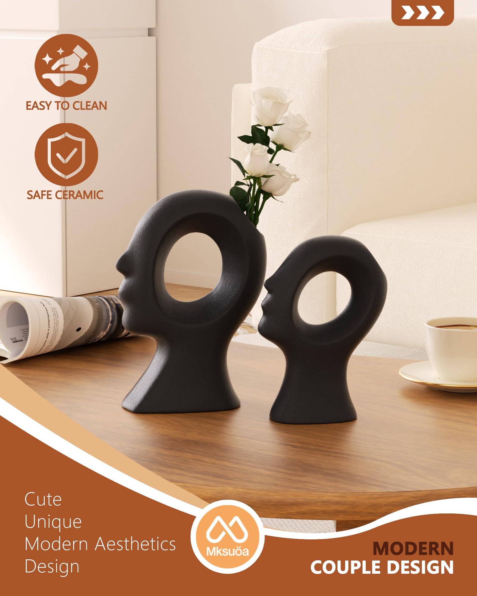 Zestaw 2 statuetek dla par, nowoczesny nordycki minimalizm, estetyczna dekoracja ceramiczna, wazony, dekoracja domu, na półkę, półkę, półkę, konsolę wejściową, prezenty ślubne dla par 2025 (czarne)