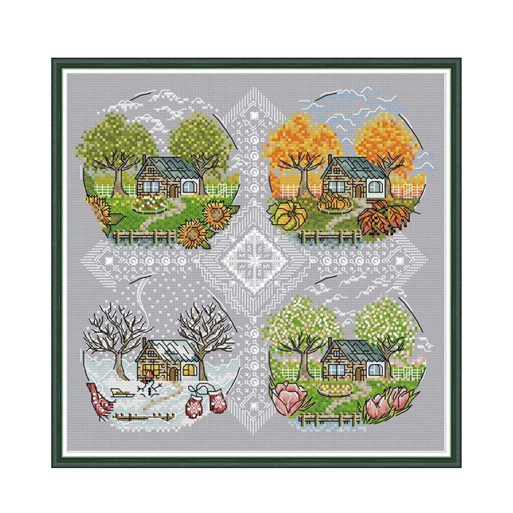 CaptainCrafts Cross Stitch Kits for Adults Counted Cross Stitch Unprinted Fabric Cross Stitching DIY Art DMC Needlecrafts Embroidery Kit for Adults (White, Cottage Scenery Four Seasons)