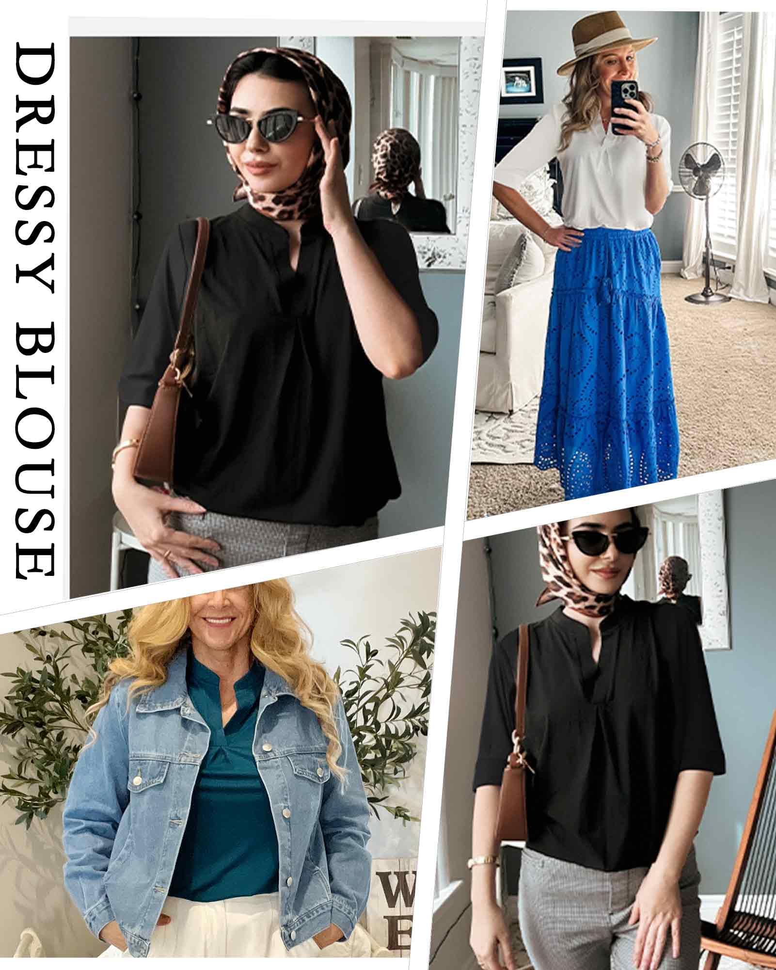 WNEEDU Chemise Femme à Manche 3/4 Col V Tee Shirt Long Base Chemisier et Blouses Chic et Élégant Haut