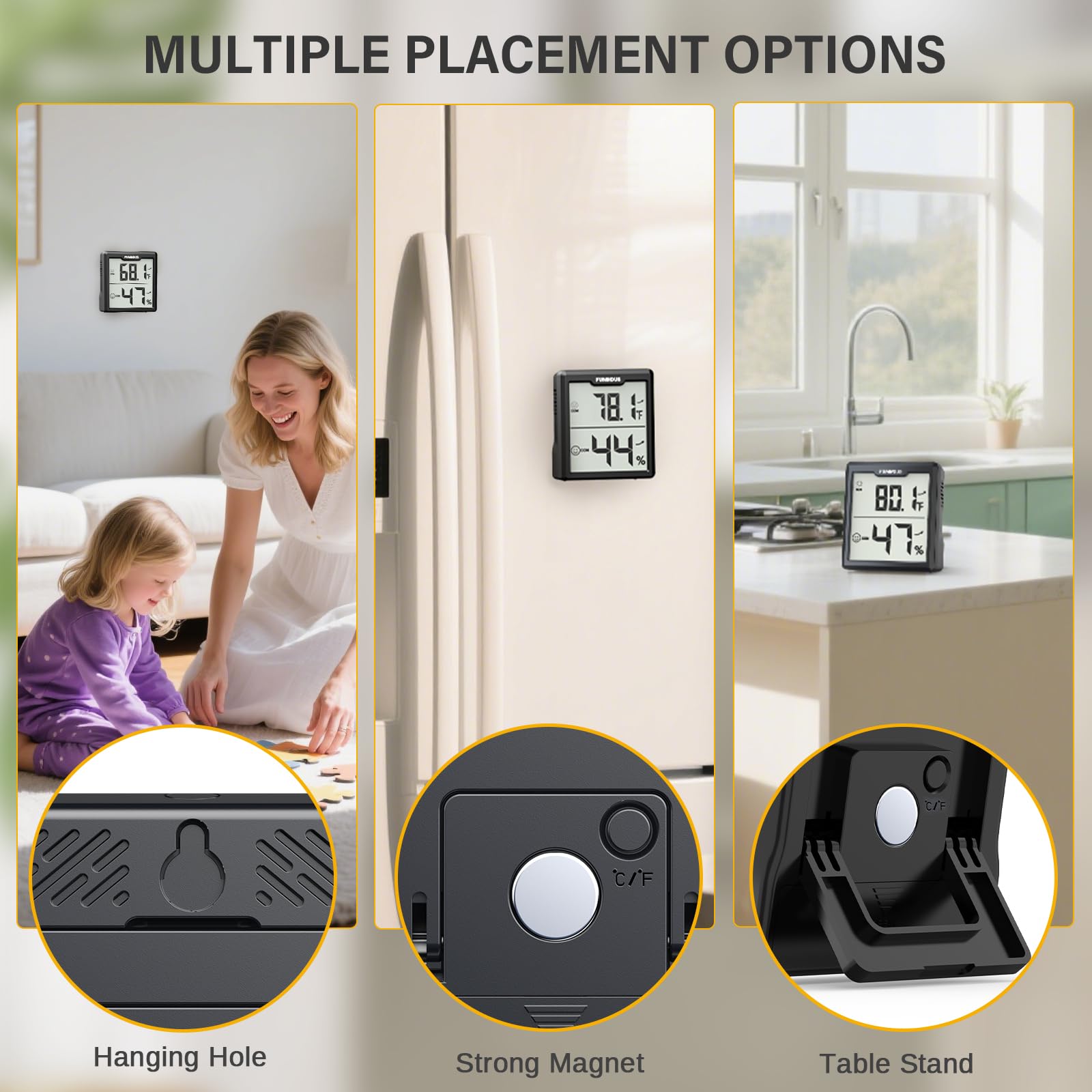 Igrometro digitale per interni, con monitor accurato di temperatura e umidità, per casa, camera dei bambini, ufficio, serra, cantina, 3 pezzi (nero)
