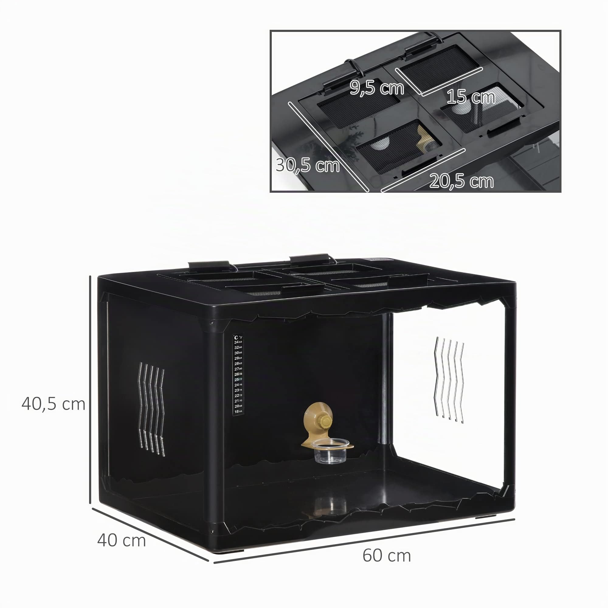 PawHut Terrario para Reptiles Caja de Alimentación de Insectos de Acrílico con Comedero Termómetro 2 Portalámparas E27 e Interruptor para Lagarto Camaleón 60x40x40,5 cm Negro