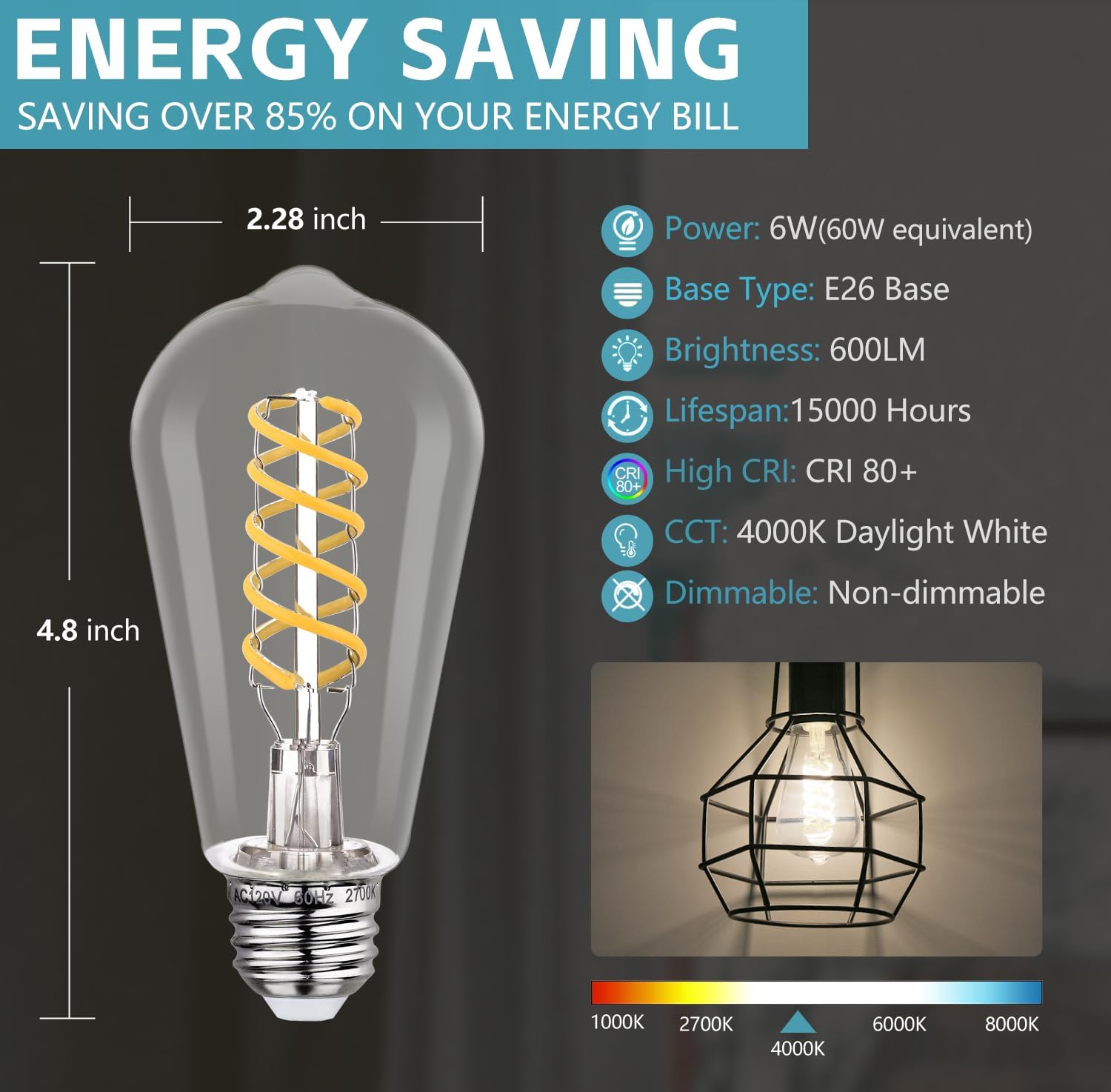 12 Pack Shtterproof Vintage LED Edison Bulbs, Led Light Bulb 60W Equivalent, Non-Dimmable Led Bulbs, High Brightness 700 LM Neutral White 4000K, ST58 Antique Filament Bulbs CRI 80.