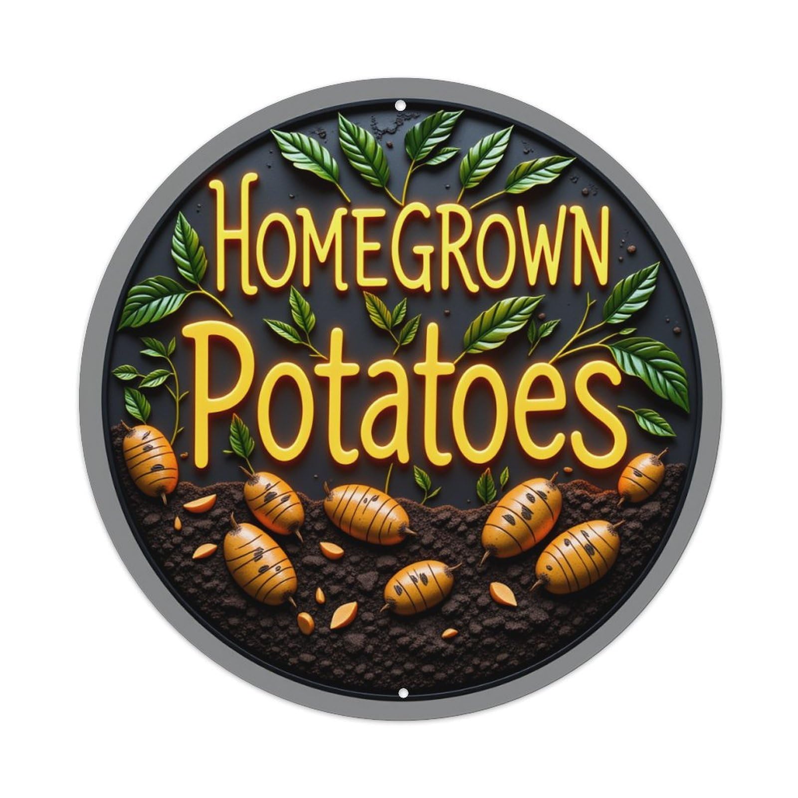 Homegrown Potatoes With Leaves And Soil Background Round Vintage Tin Sign,Retro Wall Art,Metal Poster for Home, Bar, Garage, Cafe, Rustic Indoor & Outdoor Decor, 8x8 Inches
