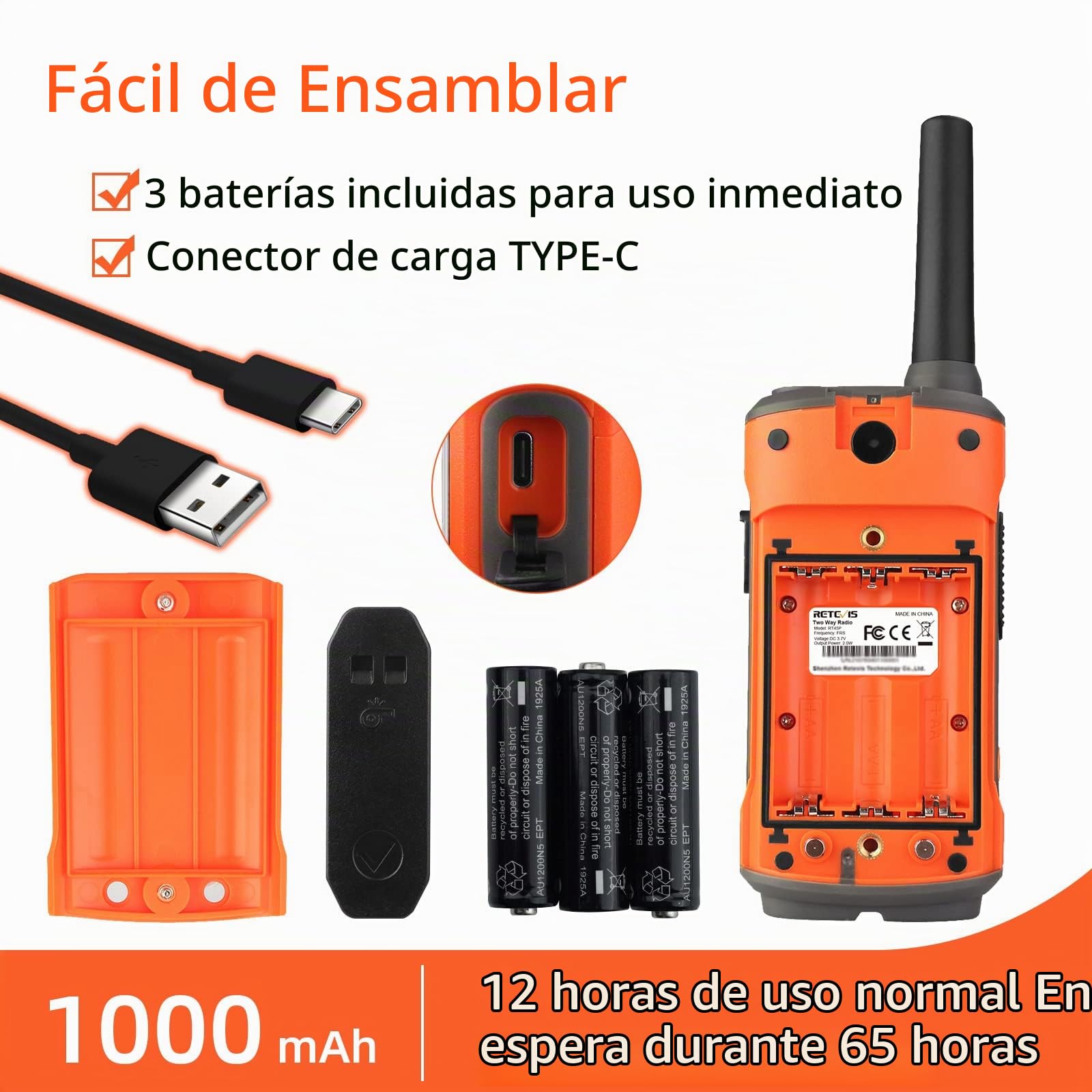 Retevis RT45P Walkie Talkie, IP67 Impermeable Radio Portatil Exteriores | PMR446 Sin Licencia Walkie Talkie Recargable para Adultos, Actividades Al Aire Libre Caza, 16 Canales, SOS Linterna LED