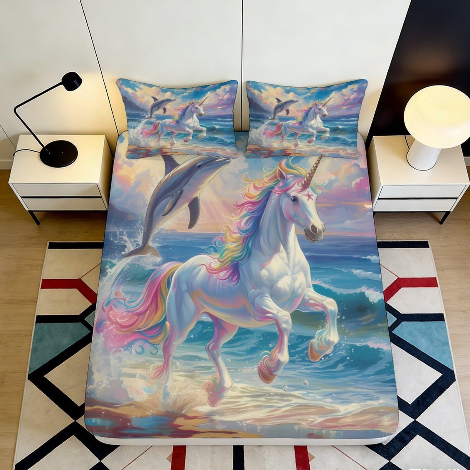 3D Printed Unicorn Ocean Fitted Sheet Microfiber Soft Rainbow Dolphin Mattress Cover Washable Bedroom Decor 90x200x25cm