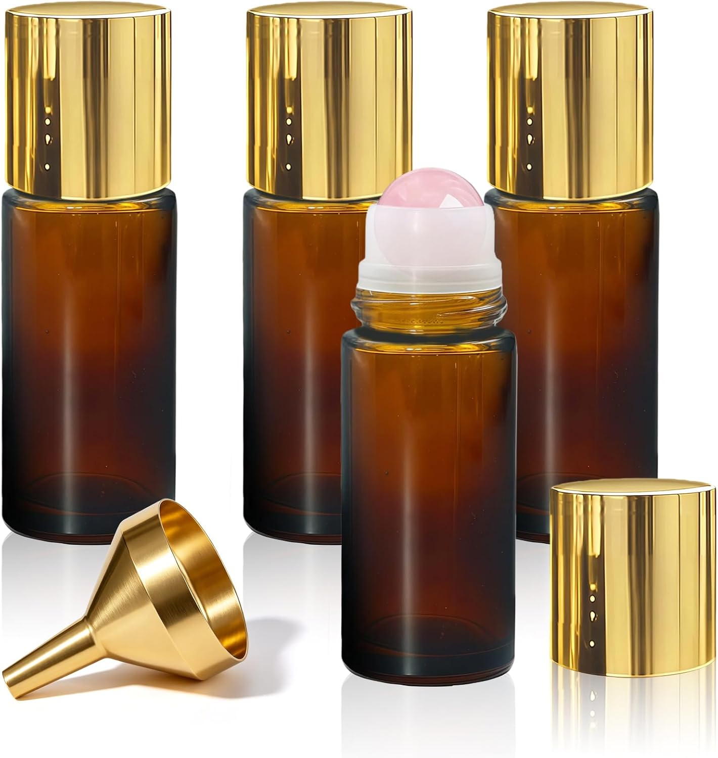 4 Pack Amber Glass Essential Oil Roller Bottles, 50ml Rose Quartz Roll On Bottles with Natural Crystal Roller Balls, Leak-Proof Refillable Perfume Containers with Gold Caps for DIY & Travel