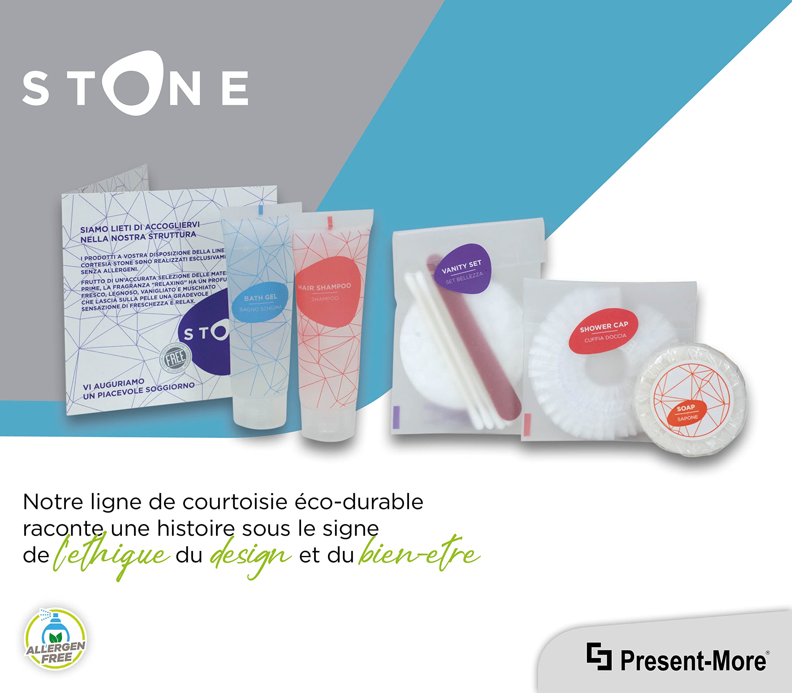 PRESENT-MORE - Kit Accueil 50 Invités Stone - Parfum Relaxing - Contenu: Shampooing, Gel Douche, Savon, Bonnet de Douche et Vanity - Pour Hôtels et B&B