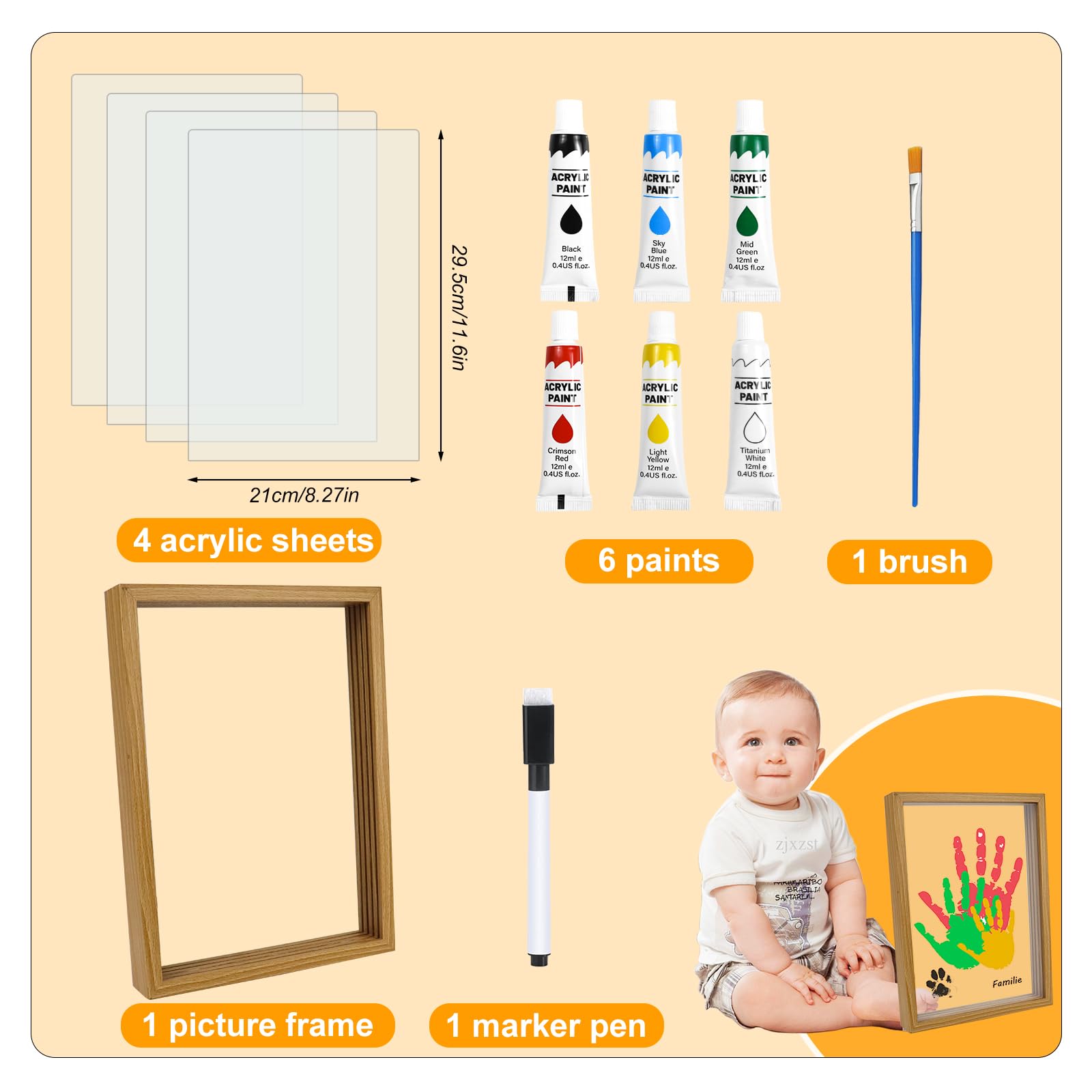 Kit Empreintes Famille, Grand Cadre en Bois 31 x 22,4 cm, Kit Empreintes Bébé Mains & Pieds, Peintures Non Toxiques, Cadeau Naissance pour Garçon & Fille