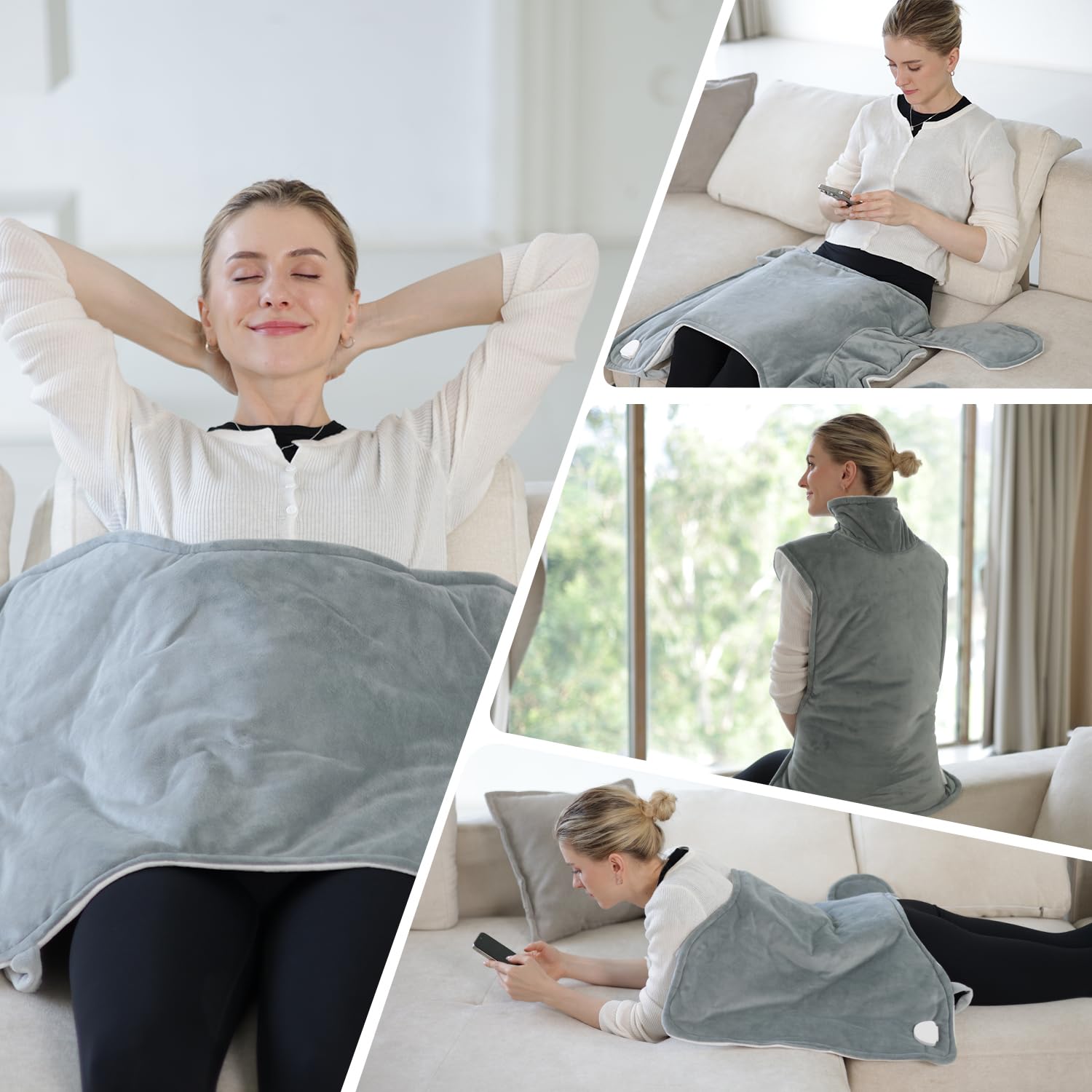 Coussin Chauffant dos Electrique Epaule et Nuque 60×108cm, 6 Niveaux de Chaleur,4 Réglages de Minuterie, Arrêt Automatique, Chauffage Rapide, Ceinture, Chauffe-dos,Lavable en Machine -Gris