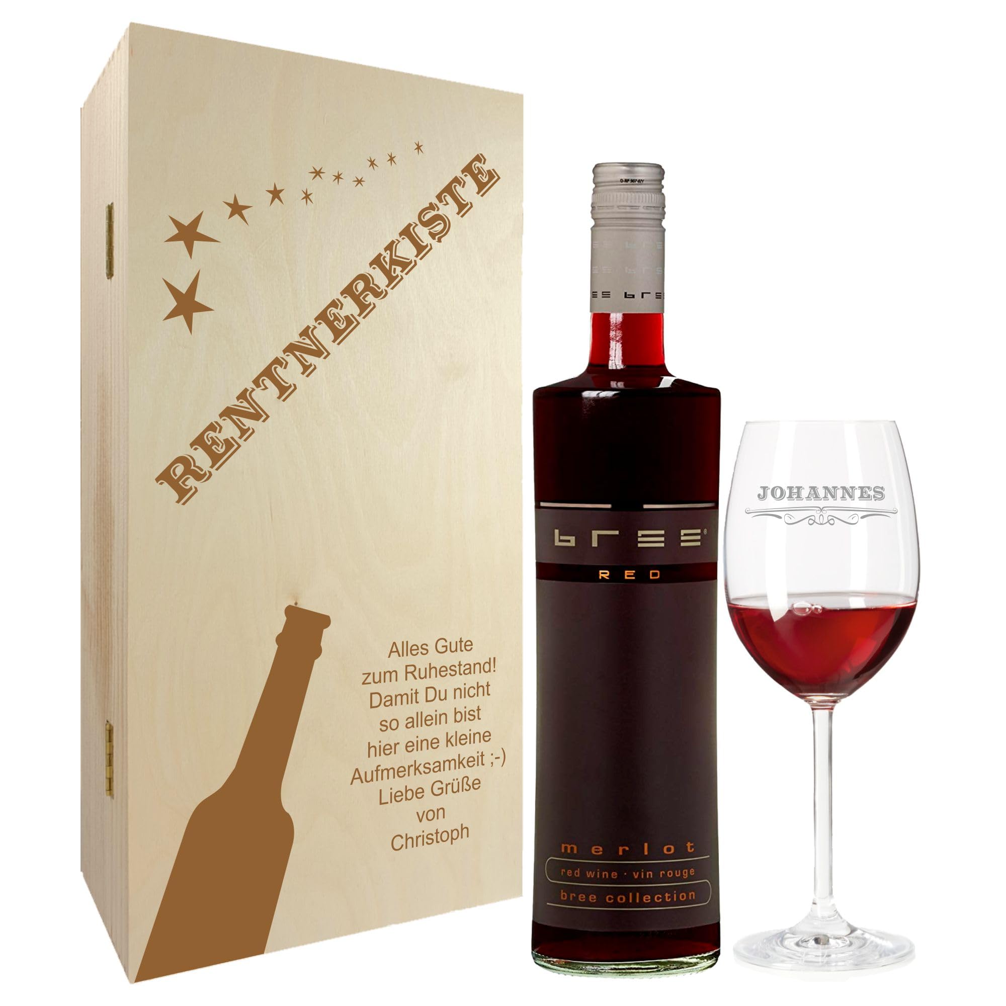 laser-diele Weinglas – Geschenkset – Weinglas mit Gravur – Wein Geschenksets – Geschenk zur Rente – Ruhestand – Rotwein – Rentnerkiste