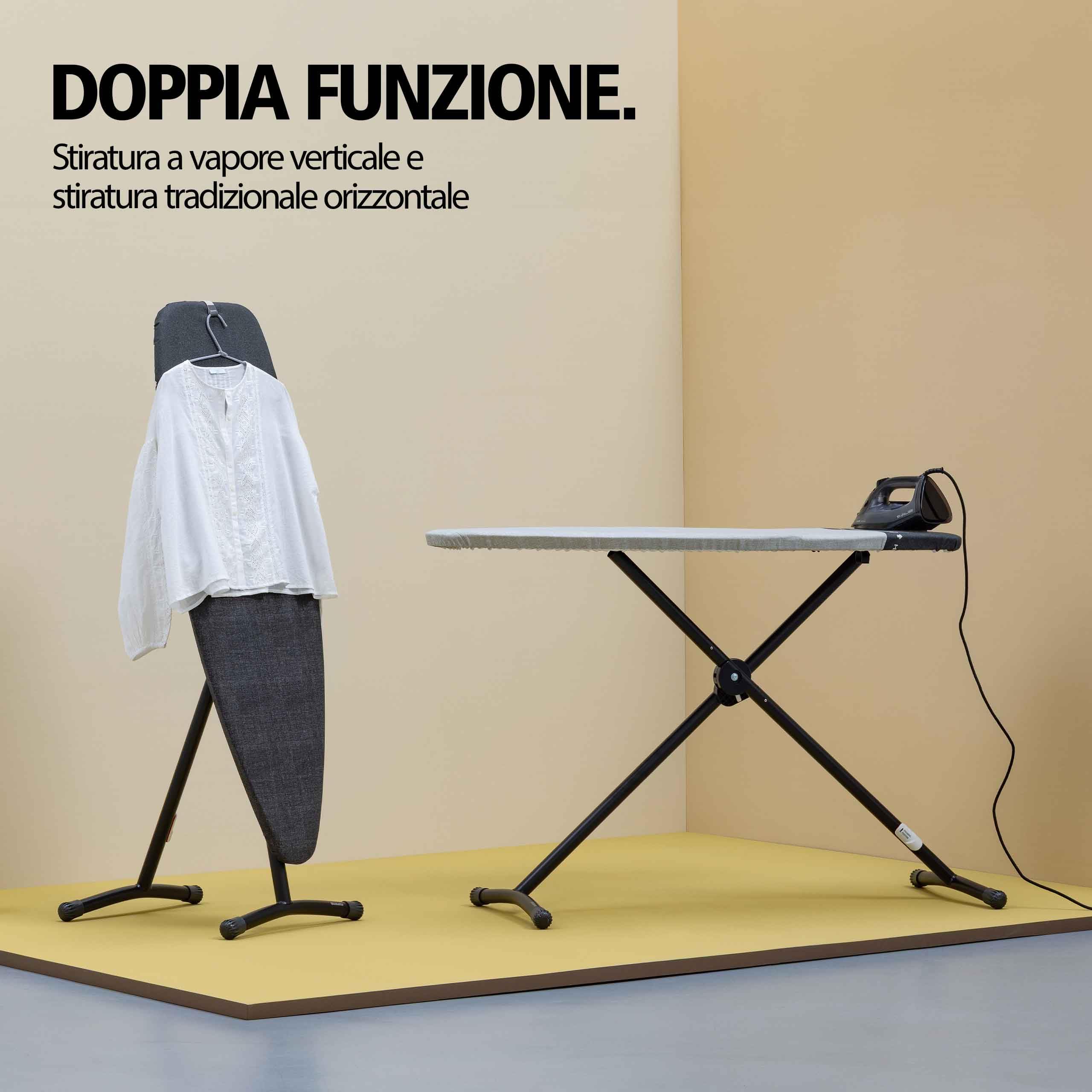 Brabantia Asse da stiro D 135 cm x 45 cm (Denim Black), Tavola da stiro grande 2 in 1 per stiratura verticale e a vapore, Asse con piano di lavoro termoresistente