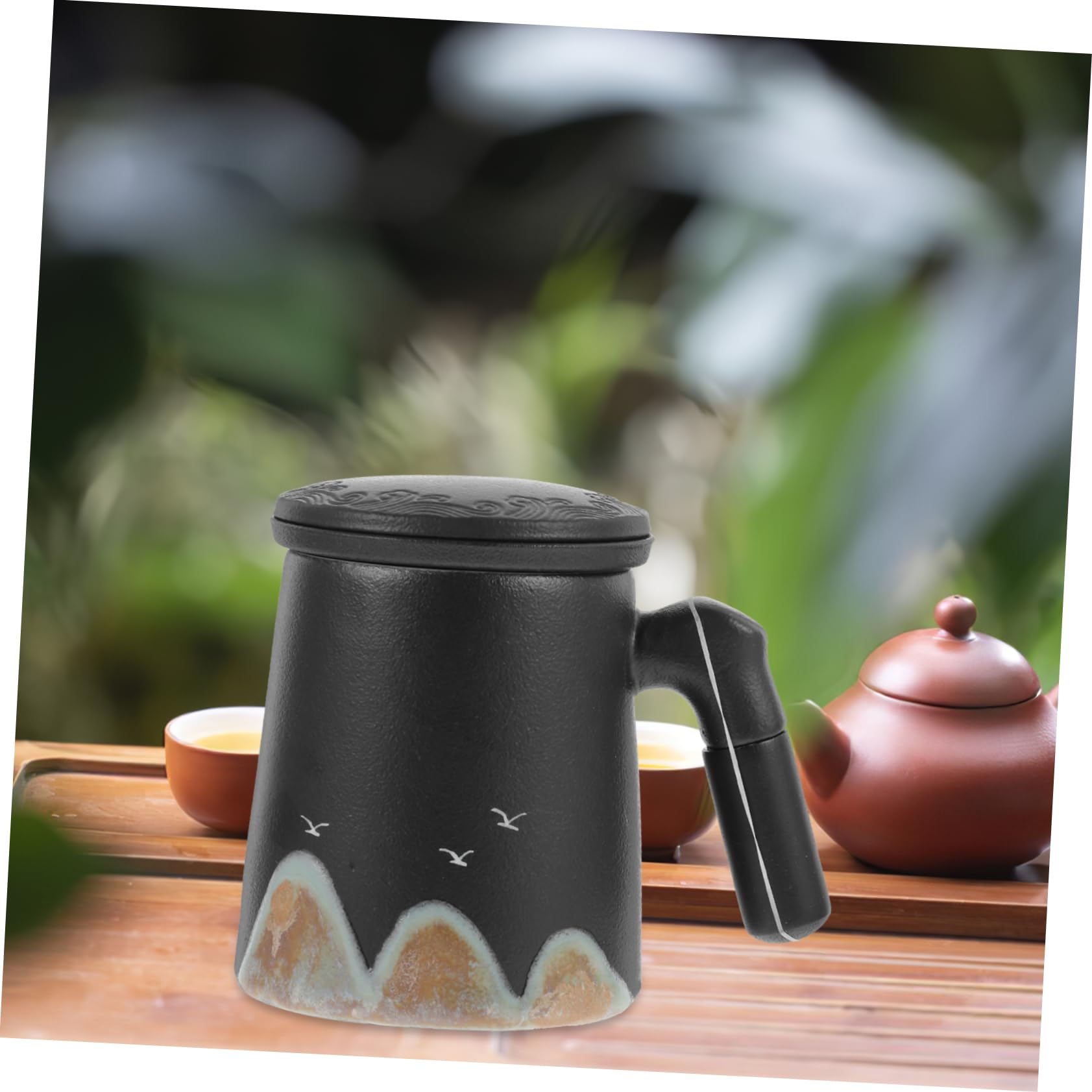 DECHOUS Tasse à Thé en Céramique 410ml avec Couvercle et Séparateur, Noire