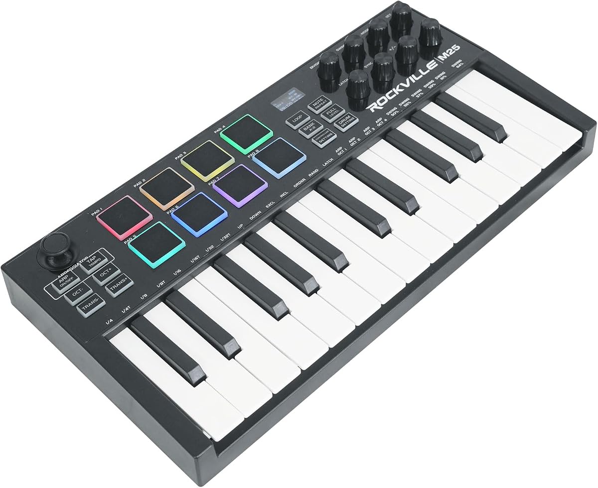 M25 Black 25 Key USB Wireless Bluetooth MIDI Keyboard Controller | 8 RGB Drum Pads, 8 Rotary Knobs, Arpeggiator, Joystick, OLED Display, 7-8 Hour Battery, USB-C, Sustain Pedal Input