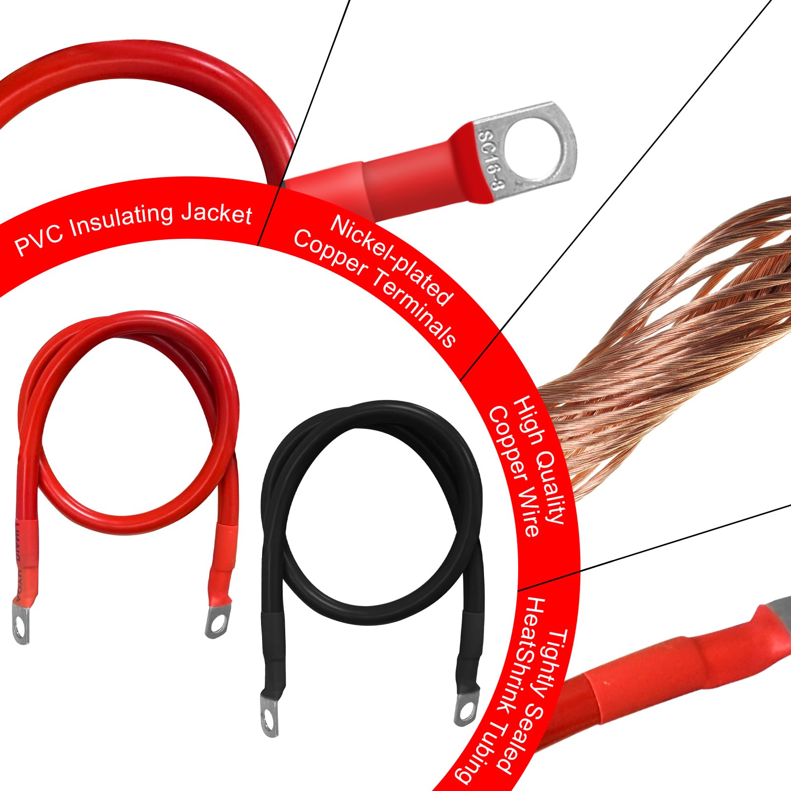 2 cavi batteria 16 mm² 50 cm 5 AWG cavo di massa 12 V cavo di prolunga per auto con capicorda ad anello M8, per auto, camion, moto, camper, marino, cavo di collegamento a batteria da 16 mm²