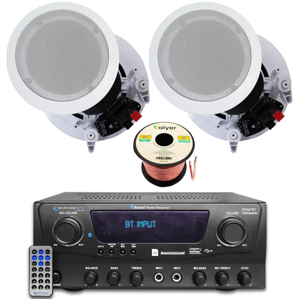 Technical Pro Kit sistema audio Home Theater, amplificatore Bluetooth da 1000 Watt con 2 altoparlanti da soffitto da 20,3 cm, 300 W ciascuno, cavo per altoparlanti da 15,2 m e telecomando, perfetto