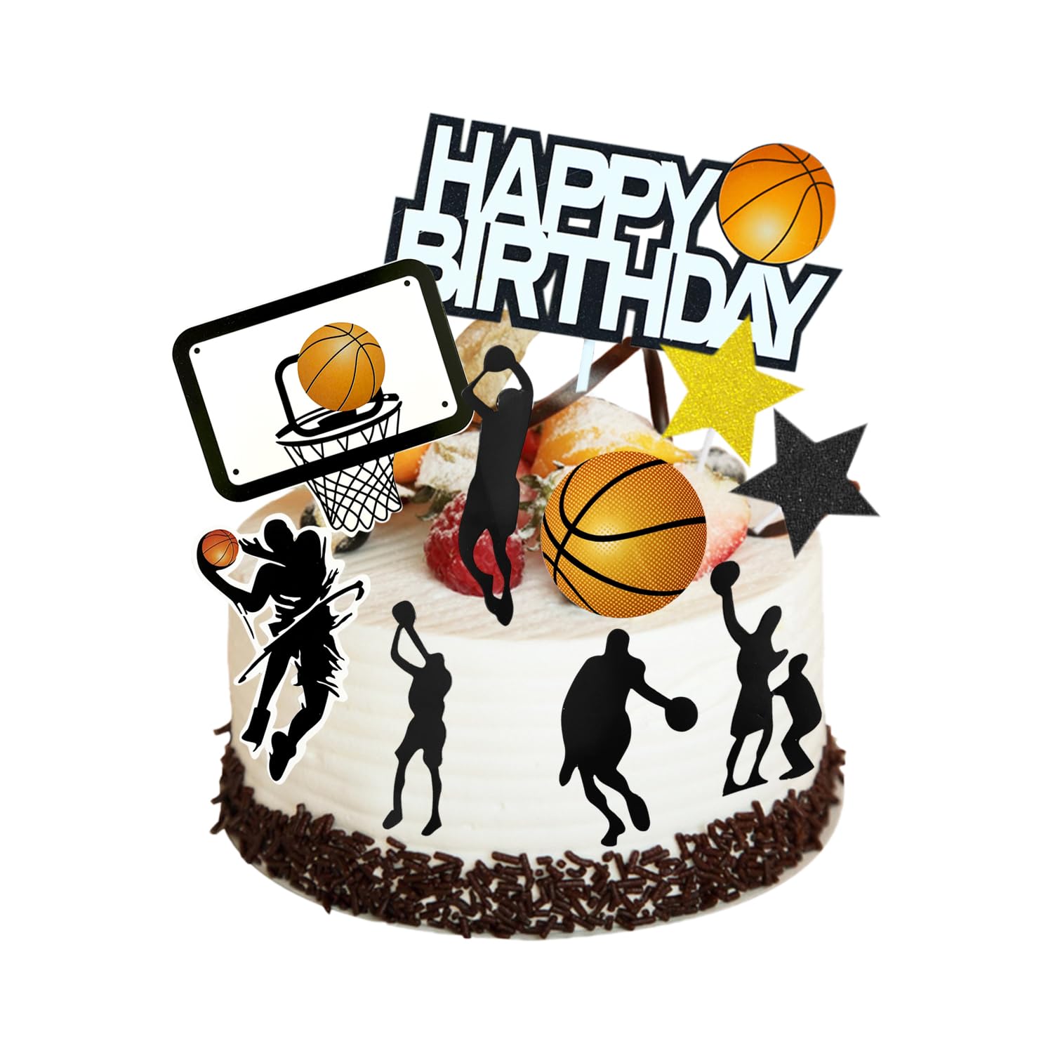 1 STKS Basketbal Gelukkige Verjaardag Cake Topper Zwart Glitter Ster Sport Cake Pick Decoraties voor Basketbal Sport Thema Mannen Jongens Verjaardag Baby Shower Party Supplies