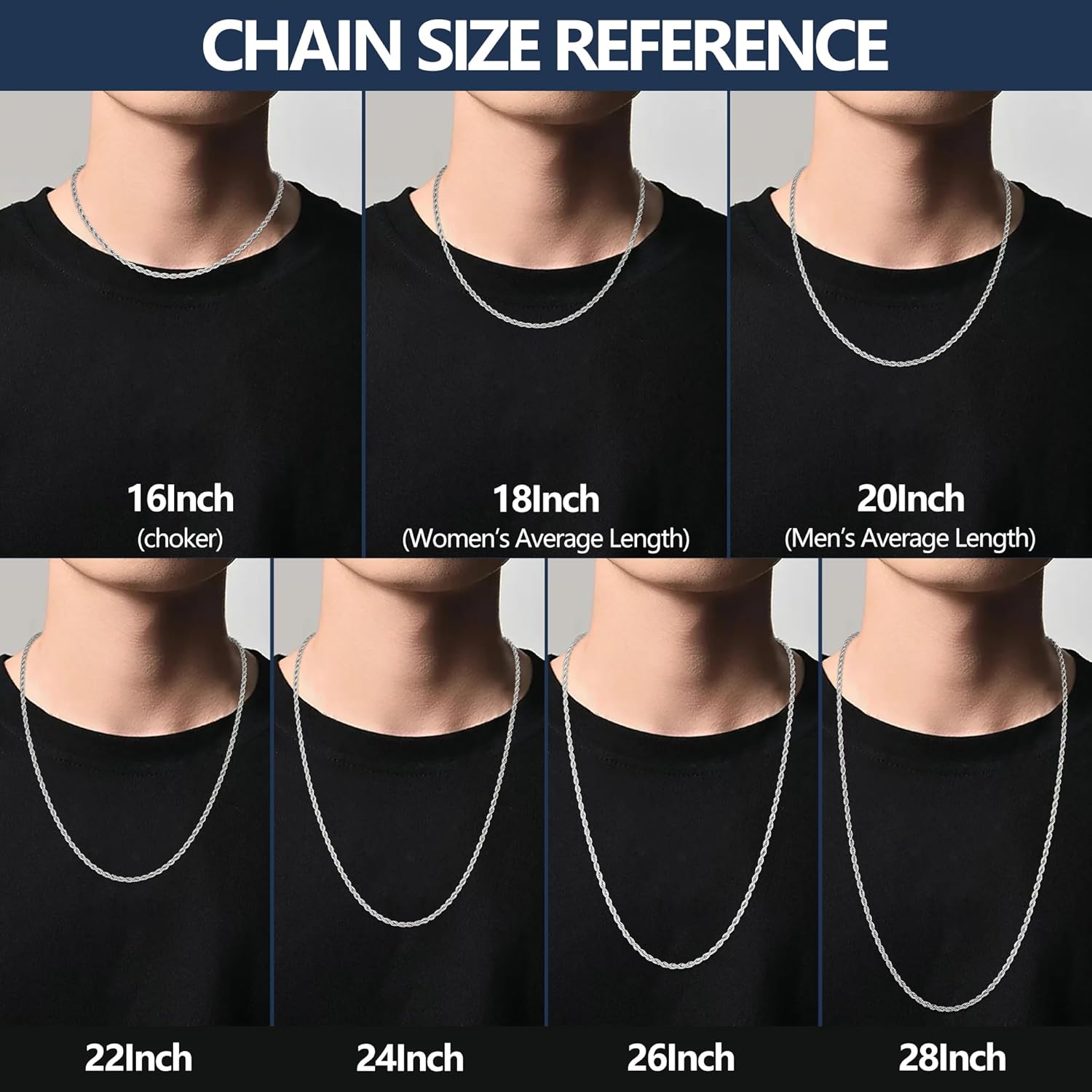 sovesi Mens Rope Chain Necklace, Hypoallergenic Stainless Steel Twisted Chain for Men, Silver Tone 2.5/3mm Width, 16-28 Inch Length - Image 4