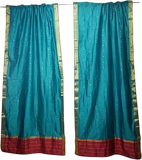 Mogul Interior 2 Indian Silk Sari Curtains Window Treatment Blue Draperies Room Decor 96X44