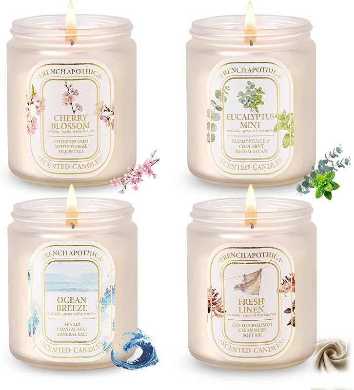 Paquete de 4 velas perfumadas para mujer: velas de soja naturales perfumadas para el hogar | Juego de velas de aromaterapia de larga duración, juego de velas con menta de eucalipto, aromas florales y frescos, regalos de relajación para mujeres