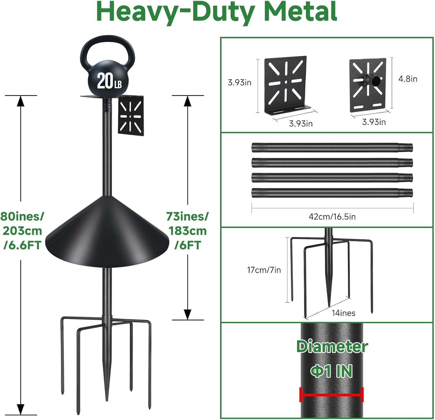 Smart Bird Feeder Pole with Squirrel Baffle & Bath-Heavy Duty Adjustable 3-6.6ft Universal Stand Mount for Backyard&Outdoor Bird Houses/Cameras (80" Pole-Baffle)