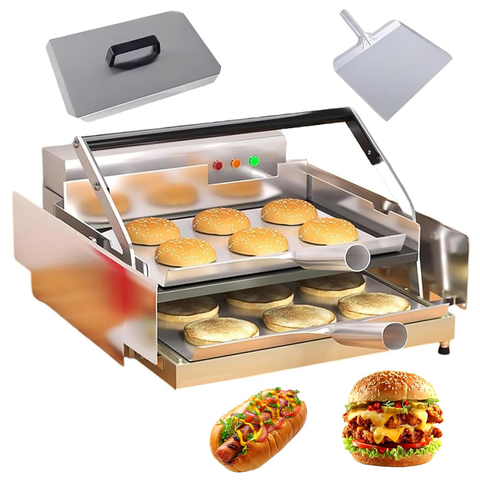 Dwuwarstwowa Maszyna do Burgerów ze Stali Nierdzewnej z Timerem 0-3 Min | 800W Automatyczny Toster do Hamburgerów z Pojemnością na 12 Kromek, Regulowana Temperatura 50-300℃ do Restauracji(silver)
