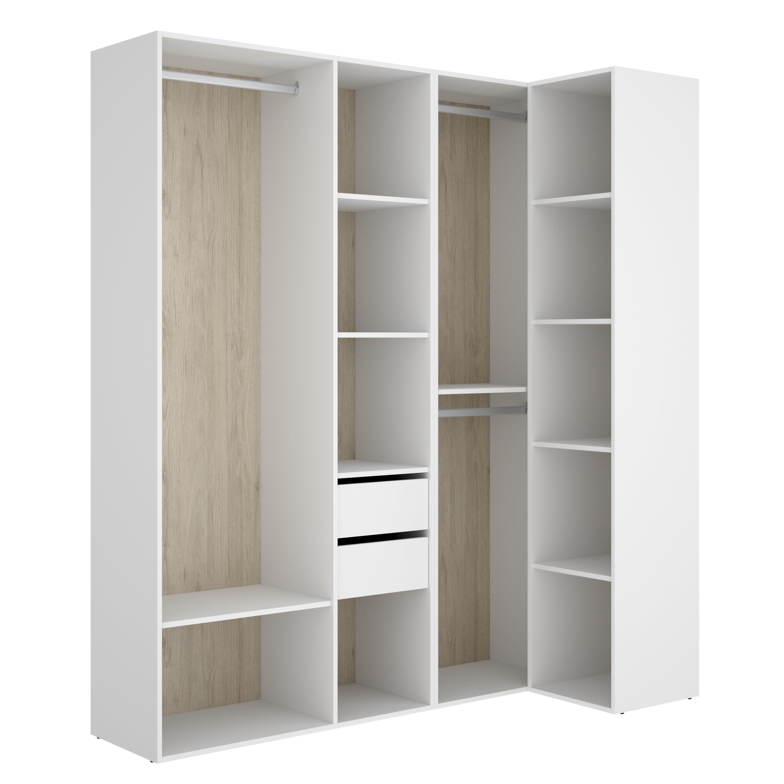 DEKIT GRUPO RIMOBEL SUIT - Composizione di armadio-vestito angolare con due cassetti – BIANCO/ROVERE NATURALE – 205 x 182,5 x 79,5 cm