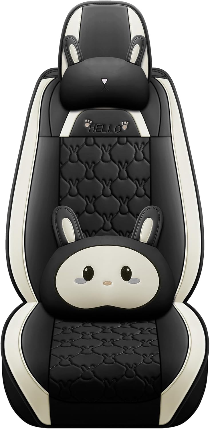 INZU Cute Cartoon Rabbit Comfortable Car Seat Covers with Waterproof PU Leather Suitable for Most 5 Seats Cars SUV and Pick-up Truck Universal Fit Set (Black)
