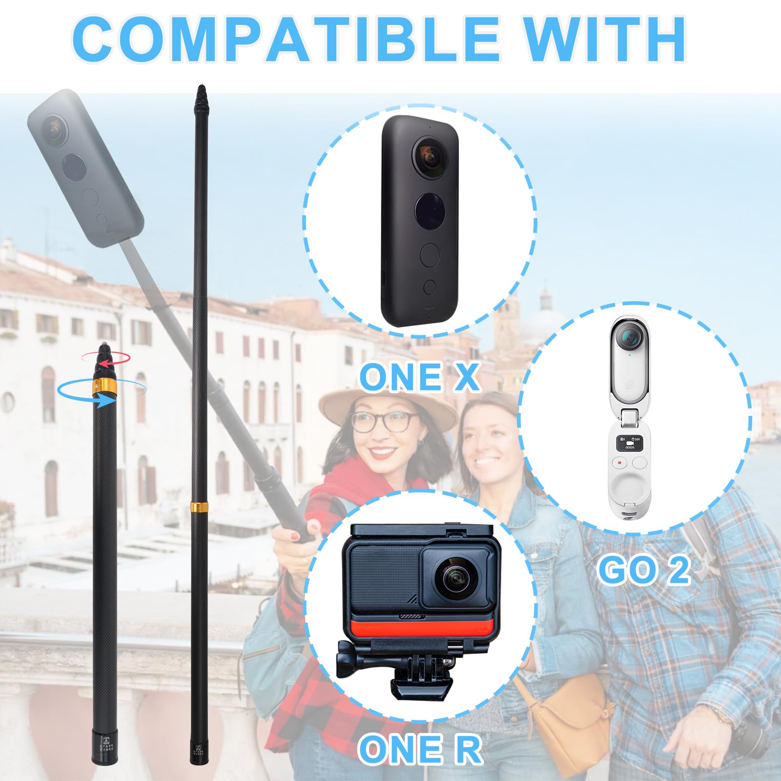 300cm Perche à Selfie Invisible en Fibre de Carbone, Compatible avec Insta-360 One R, One RS, GO 2, One X2, One X, X3, Vis 1/4 Pouce 46cm-300cm Longueur Réglable