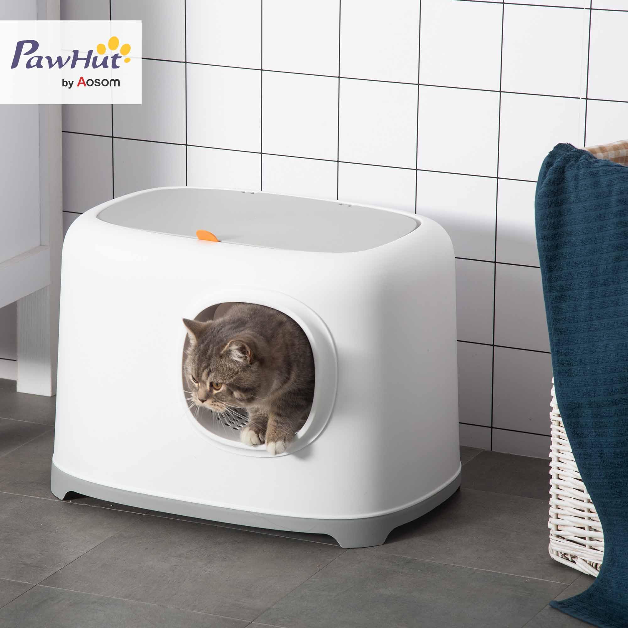 PawHut Inodoro para Gatos con Tapa y Pala, plástico (PP), 55 x 40 x 39 cm, Color Blanco