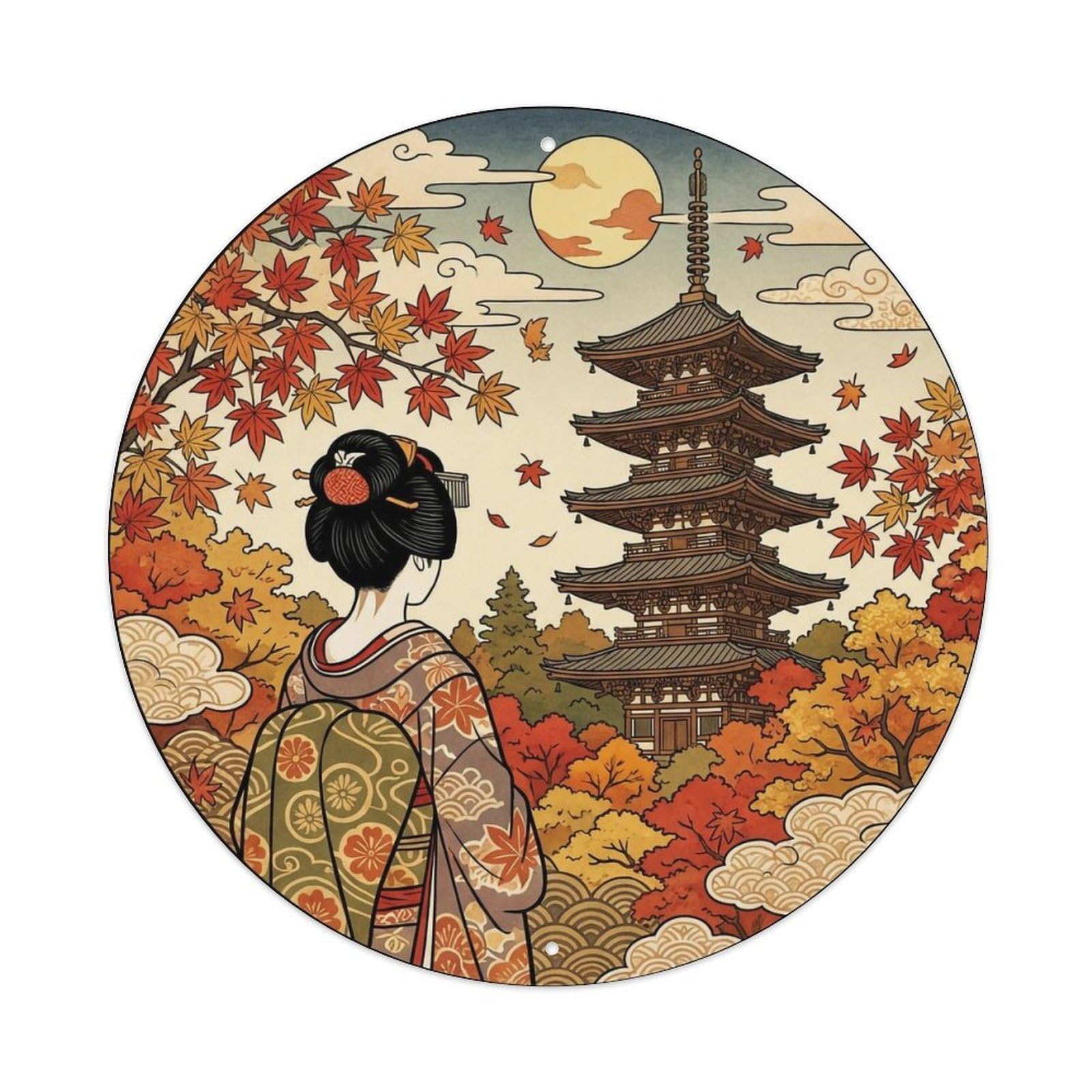 Yrnq 8X8inch Vintage Style Japanese Pagoda Red Maple Geisha Autumn Metal Tin Sign