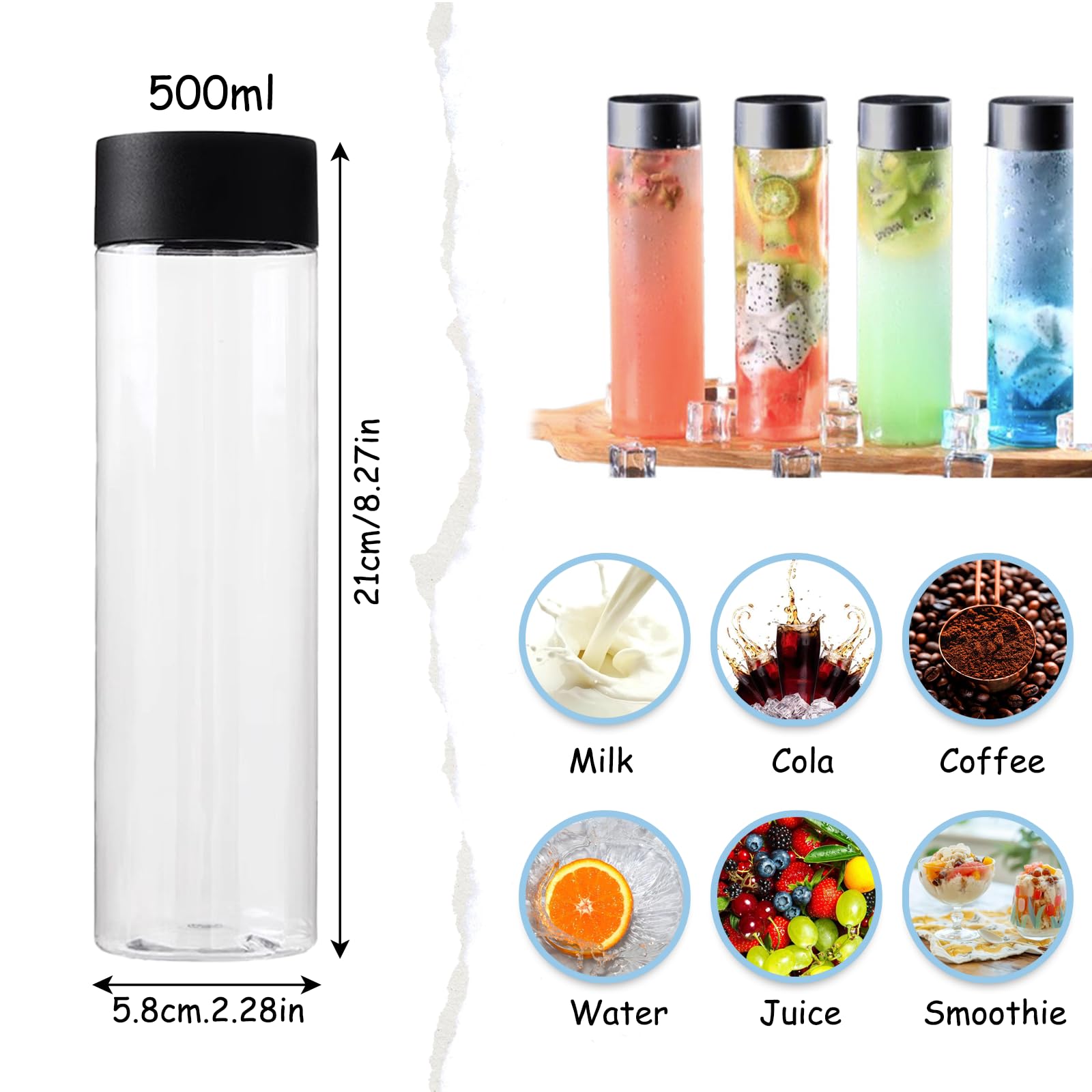 4 Piezas Botellas de Jugo, Plástico PET con Tapa, Botellas Pequeñas Reutilizables para Jugo de Agua Leche Bebidas Caseras(500ML)
