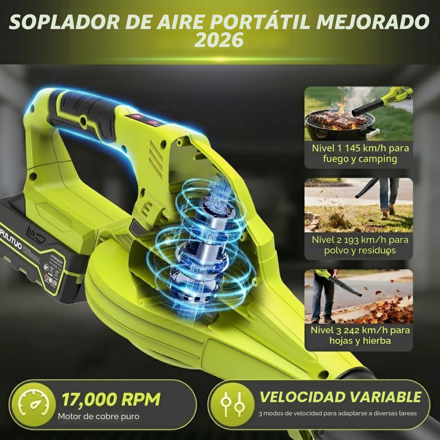 Soplador de Hojas sin Cable con 2 Baterías de 4000 mAh y Cargador, 242 km/h, Soplador Eléctrico Ligero con 3 Velocidades, Soplador a Batería Compacto para Hojas, Polvo, Jardín