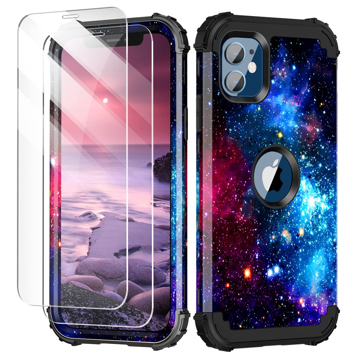 Rancasefor iPhone 12 Case,iPhone 12 Pro Case,Three Layer Heavy Duty Shockproof Protection Hard Plastic Bumper +Soft Silicone Rubber Protective Case[2 Tempered Glass Screen Protector],Blue