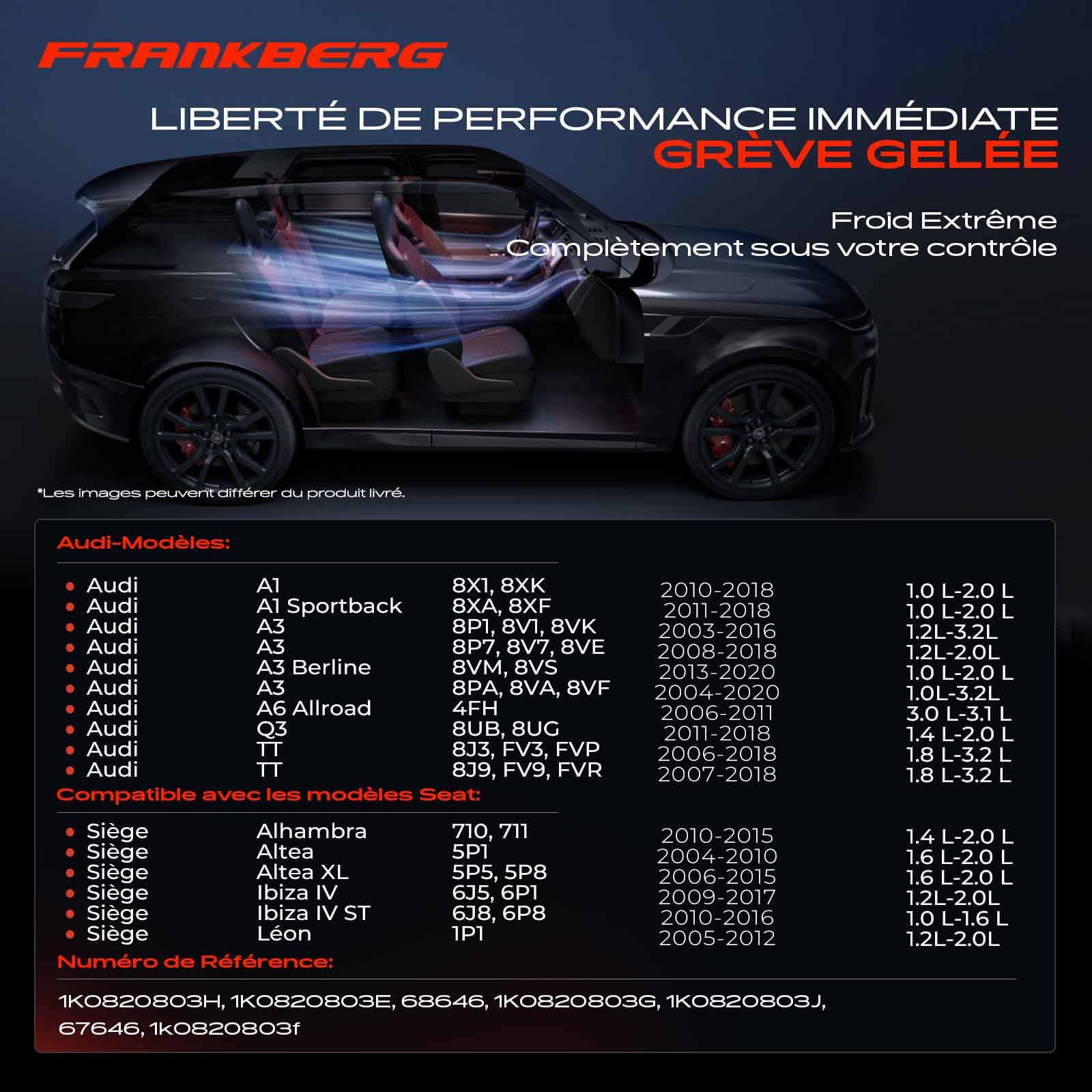 Frankberg Compresseur de Climatisation avec embrayage Compatible avec Fabia II 542 A3 8P1 A6 Allroad 4FH C6 Ibiza IV 6J5 6P1 Leon 1P1 Remplacer# 1K0820803J, huile incluse