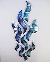 Vista 5 de Rip Tide" - Escultura moderna abstracta de metal grande para pared, paneles de metal, decoración de pintura azul y plata