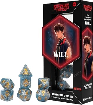 Stranger Things Adventure Dice - Will - 7pc RPG Set, Blue & Silver Fleck, Gold Icons, Cleric Class, Collectible Roleplaying Game Accessory, Licensed