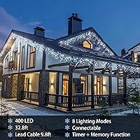 Vista 3 de Luces de cadena LED de carámbanos de 32.8 pies con 400 LED, 8 modos impermeables, luces navideñas de carámbanos para exteriores con función