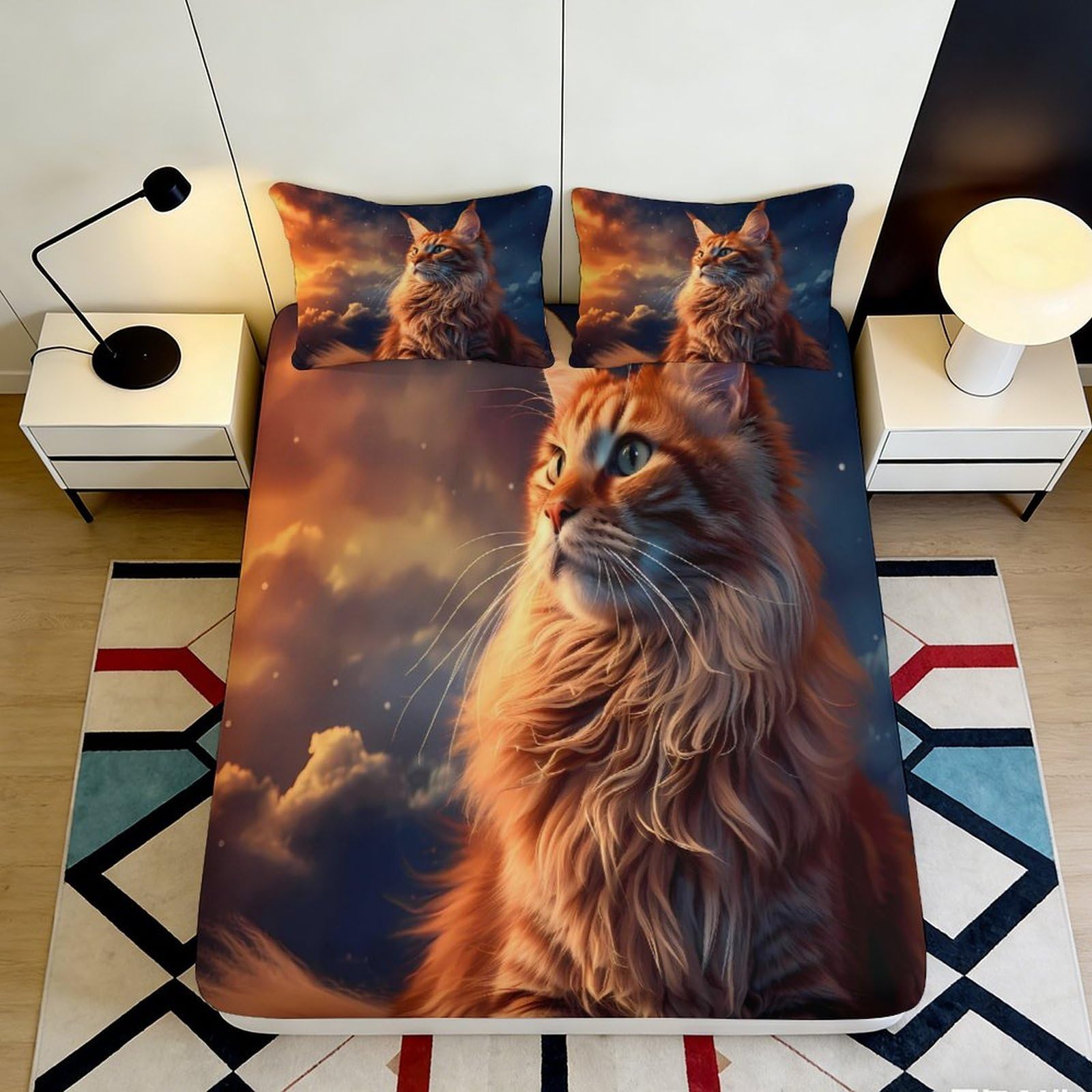 3D Printed Majestic Cat Fitted Sheet Microfiber Soft Orange Tabby Mattress Cover for Bedroom Guest Room Decor 90x200x25cm