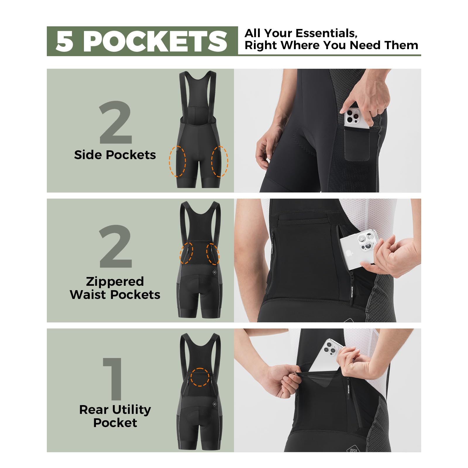 ROCKBROS Letnie męskie spodenki rowerowe z szelkami, spodenki z 5 kieszeniami, oddychające i elastyczne ergonomiczne wyściełane antywibracyjne do rowerów szosowych i MTB, czarne
