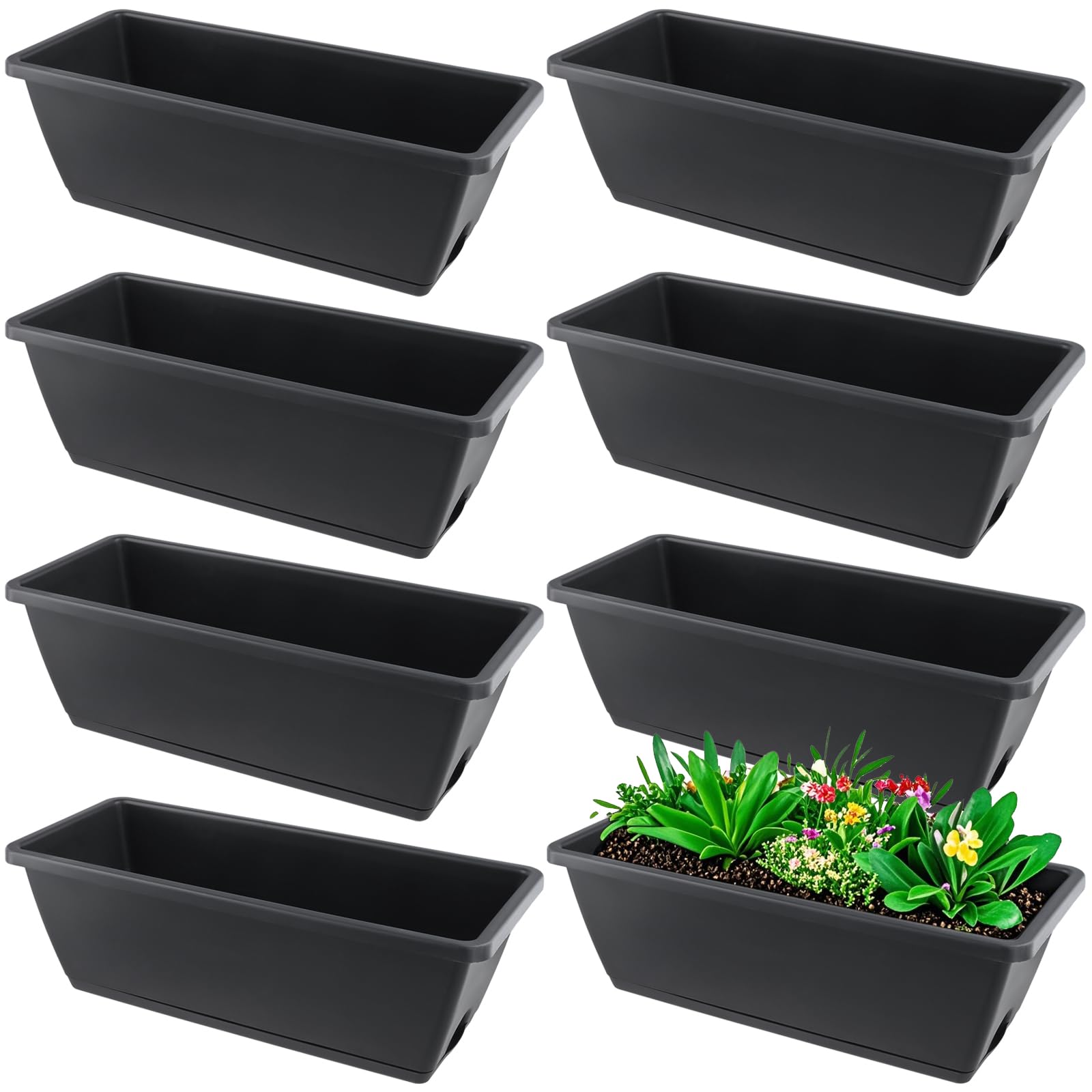 MUKSEUT Lot de 8 jardinières rectangulaires en résine avec Trous de Drainage et Plateaux pour Rebord de fenêtre, terrasse, Jardin, décoration d'intérieur, Porche, Cour Noir 43,2 cm
