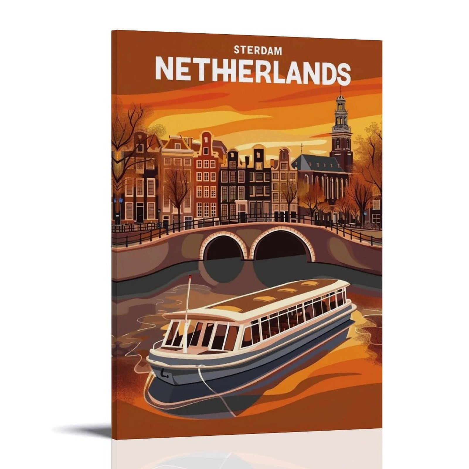 WHOUHJYE Amsterdam Canal Sunset 03 Poster Wall Art Canvas Vintage Aesthetic Painting Decor for Rooms 20x30inch Frame-style